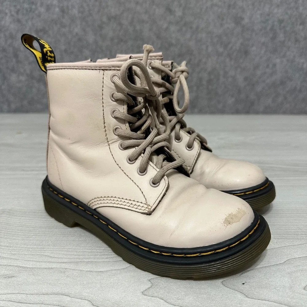 Dr. Martens 1460 8-Eye Leather Boots Kids Size 12 Vintage Taupe Lace Up Side Zip